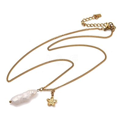 Natural Freshwater Keshi Pearl Stick & 304 Stainless Steel Flower Pendant Necklaces for Women NJEW-K255-55G-1