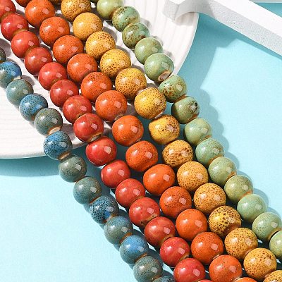 Handmade Fancy Antique Glazed Porcelain Ceramic Round Beads Strands PORC-L019-13mm-M-1