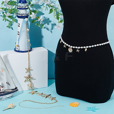 2Pcs 2 Styles Alloy Shell Shape Starfish Charms Plastic Pearl Rice Beaded Waist Belly Chains for Sexy Bikini AJEW-OC0015-31-1