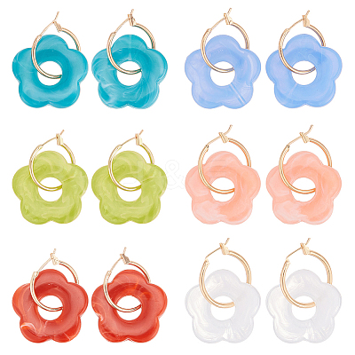 6 Pairs 6 Colors Cute Acrylic Flower Dangle Hoop Earrings EJEW-AN0003-47-1