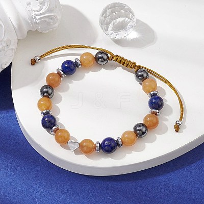 Natural Red Aventurine & Lapis Lazuli & Brass Heart Braided Bead Bracelet BJEW-JB09703-01-1