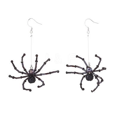 Glass Seed Braided Spider Long Dangle Earrings EJEW-TA00085-1