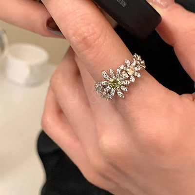 Alloy Rhinestone Flower Cuff Open Rings for Women WG6663D-01-1