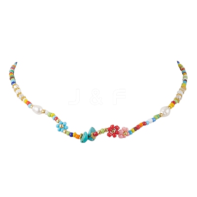 Flower Glass Seed & Pearl Beaded Necklaces NJEW-JN04677-01-1