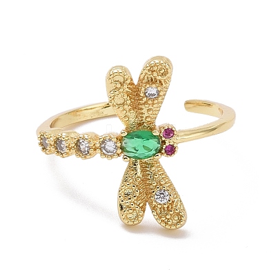 Green Cubic Zirconia Dragonfly Open Ring RJEW-P032-33G-1
