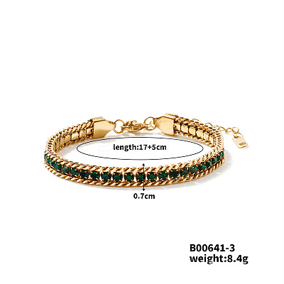 Sparkling European Style 304 Stainless Steel Emerald Rhinestone Chain Bracelets for Women CU3590-3-1