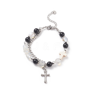 Natural & Synthetic Mixed Stone Beaded Bracelet with Cross Charm BJEW-TA00184-02-1