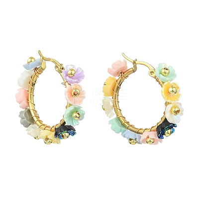 201 Stainless Steel & Resin Beaded Flower Hoop Earrings EJEW-JE07175-01-1