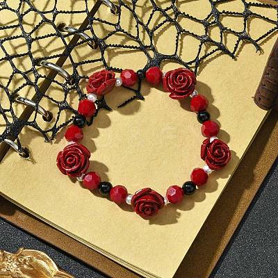 Synthetic Coral Rose Flower & Opaque Glass Beads & ABS Plastic Imitation Pearl Beaded Stretch Bracelets for Women BJEW-JB10748-1