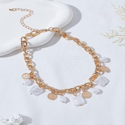 1Pc Alloy Coin & ABS Plastic Imitation Pearl Square Bib Necklaces NJEW-LP0009-38-1