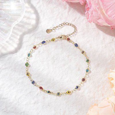 Handmade Evil Eye Lampwork Brass Link Chain Anklets for Women AJEW-AN00715-01-1