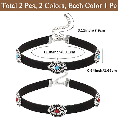 2Pcs 2 Colors Bohemian Alloy & Resin Imitation Turquoise Oval Velvet Choker Necklaces NJEW-CL0001-11-1