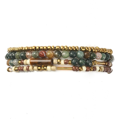 4Pcs 4 Style Natural Indian Agate & Tiger Eye & Seed Beaded Stretch Bracelets Set BJEW-JB09458-1