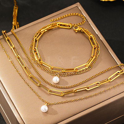 3-Layer 304 Stainless Steel Oval Link Chain Necklaces & Bracelets Sets FS-WGE493C-01-1
