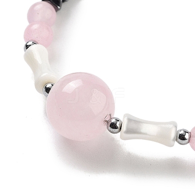 Natural Rose Quartz Round & Synthetic Non-magnetic Hematite & White Shell Beaded Bracelets for Women BJEW-K251-02A-1