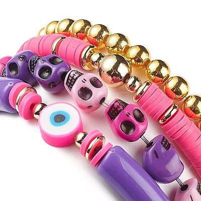 4Pcs 4 Style Acrylic Evil Eye & Plastic Skull & Synthetic Hematite Beaded Stretch Bracelets Set BJEW-JB08896-1