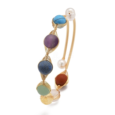 Round Mixed Gemstone Braided Bangle with Natural Pearl BJEW-JB08000-1