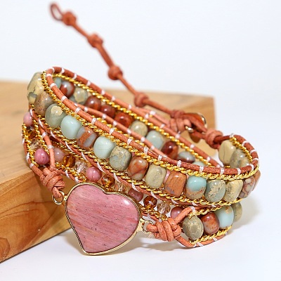 Bohemia Style Heart Natural Rhodochrosite & Shoushan Beads Multi-strand Bracelets FS-WGBC1C4-01-1