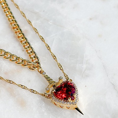 2Pcs Sword & Heart Zinc Alloy Light Siam Rhinestone Pendant Double Layer Necklaces for Women FS-WG484C5-01-1