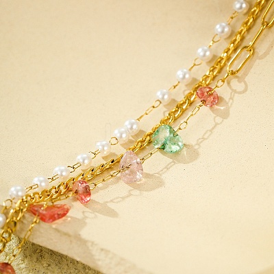 Gemstone Chip with Plastic Pearl Multi-strand Bracelets for Women BJEW-G739-01G-1