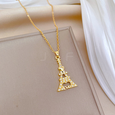 Brass Micro Pave Clear Cubic Zirconia Eiffel Tower Love Pendant Necklaces FS-WG3E8D3-01-1