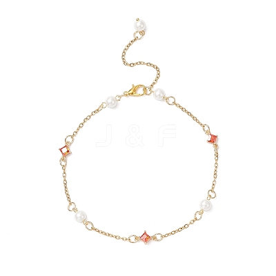 2Pcs 2 Colors Glass Rhombus & Round Glass Pearl Beads 304 Stainless Steel Link Chain Anklets for Women AJEW-AN00724-1