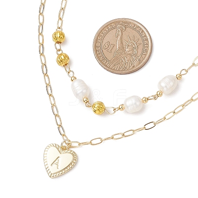 Natural Cultured Freshwater Pearl Rice Beads Brass Heart with Letter Pendant Paperclip Chain Double Layered Necklaces NJEW-JN05378-03-1