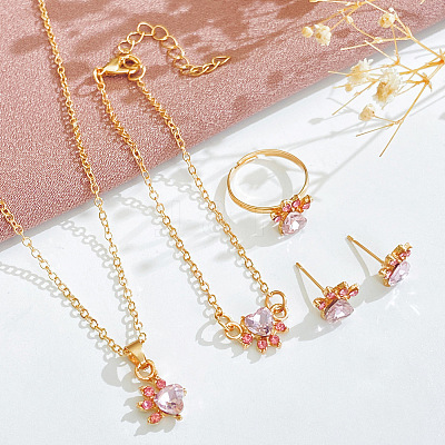 Cat Paw Print Alloy Pave Cubic Zirconia Pendant Necklaces & Stud Earring & Ring & Link Bracelets Sets for Women FS-WGC55DF-01-1
