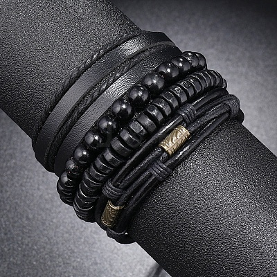 4Pcs 4 Style Adjustable Braided Imitation Leather Cord Bracelets Set BJEW-F458-07-1