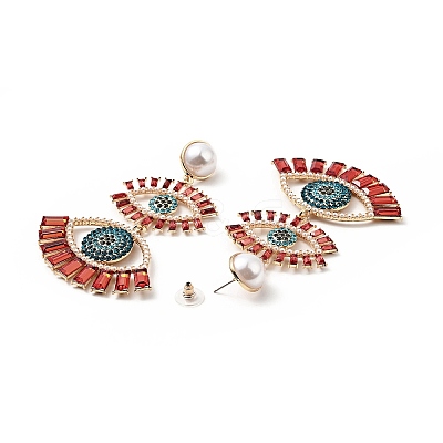 Rhinestone Double Evil Eye Dangle Stud Earrings with Acrylic Pearl Beaded EJEW-J045-03C-KCG-1