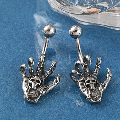 Skull Devil Hand 316 Surgical Stainless Steel Belly Button Rings EJEW-G416-12AS-1