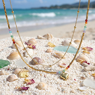 Rainbow Natural Mixed Stoned Beaded Double Layer Necklaces with Stainless Steel Heart Pendant for Beach Vacation KB9378-1-1