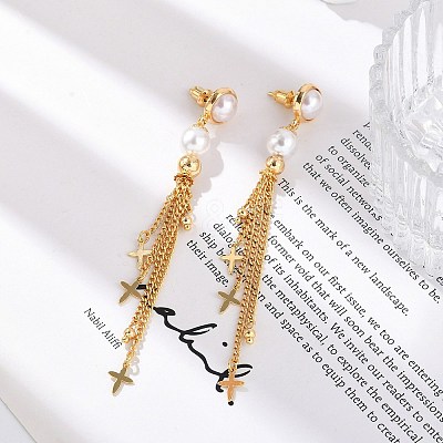 Brass ABS Plastic Pearl Tassel Stud Earrings EJEW-U040-15G-1