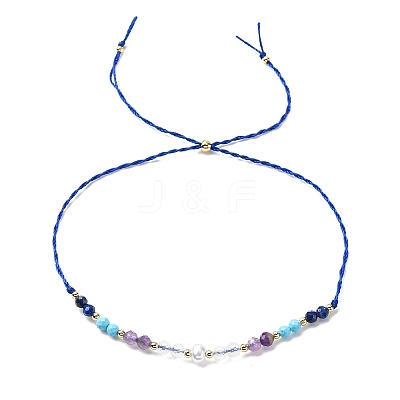 Faceted Round Natural Lapis Lazuli & Turquoise & Amethyst & Quartz Crystal Braided Bead Bracelets BJEW-F493-09G-04-1