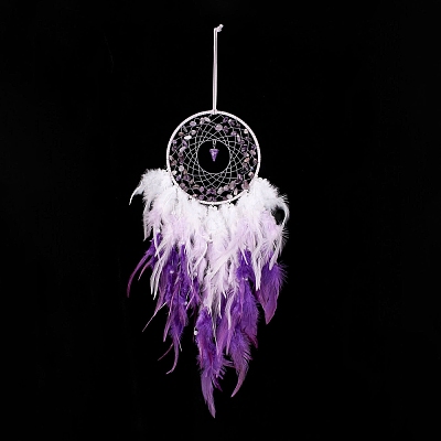 Iron Wire Woven Web/Net with Feather Pendant Decorations AJEW-B017-33-1