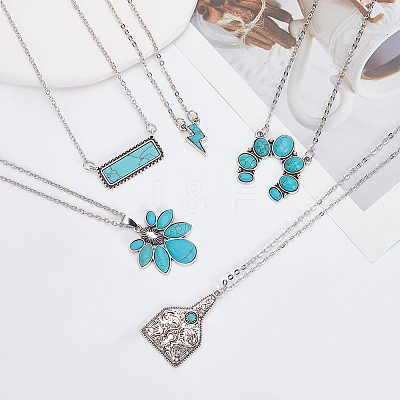 5Pcs 5 Style Flower & Rectangle & Lightning & Cow Tag Synthetic Turquoise Pendant Necklaces Sets NJEW-AN0001-04-1
