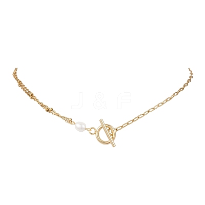 304 Stainless Steel Chain with Natural Pearl Necklaces with OT Clasps NJEW-JN05989-1