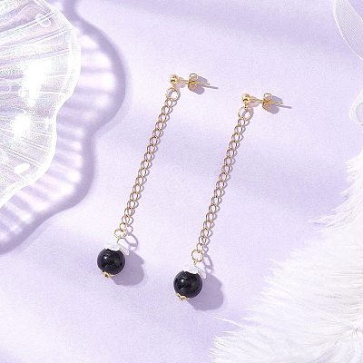 Glass Imitation Pearl Round Tassel Stud Earrings EJEW-JE06453-01-1