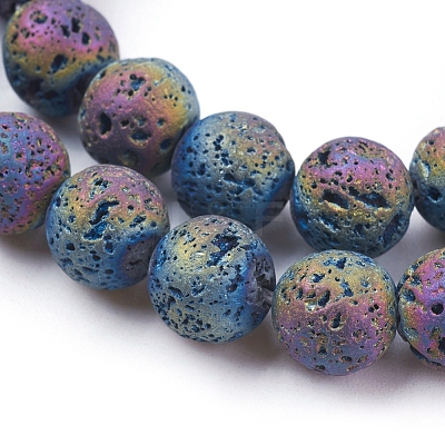 PVD Vacuum Plating Electroplated Natural Lava Rock Bead Strands G-E432-10mm-08-1