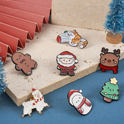 7Pcs 7 Style Christmas Tree & Deer & Gingerbread Man Enamel Pin JEWB-TA0001-11-1
