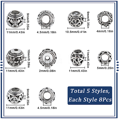 40Pcs 5 Styles Alloy European Beads FIND-SC0010-56-1