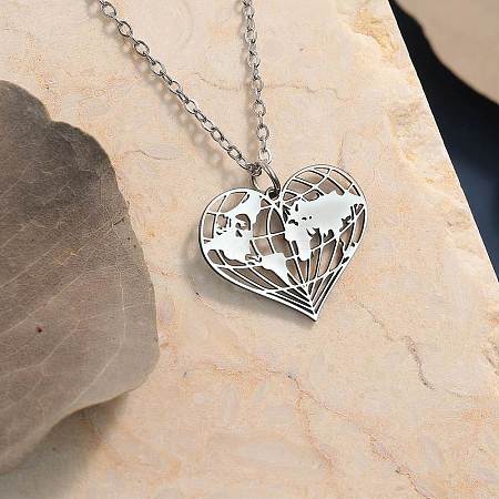 201 Stainless Steel Heart with Map Pendant Necklaces for Women FS-WGB4230-02-1