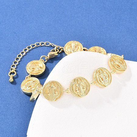 Flat Round with Saint Benedict Brass Link Chain for Women BJEW-K248-06A-G-1