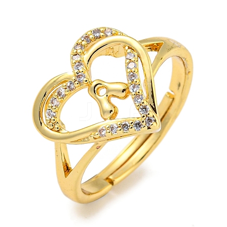 Heart with Letter Rack Plating Brass Micro Pave Clear Cubic Zirconia Adjustable Rings for Women RJEW-I105-01G-A-1