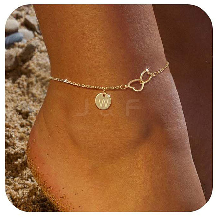Brass Double Heart Link Flat Round Initial Charm Anklets for Women FS-WGA84B7-26-1