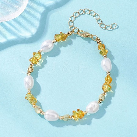 Natural Amber & Cultured Freshwater Pearl Beaded Bracelets for Women BJEW-JB13645-1