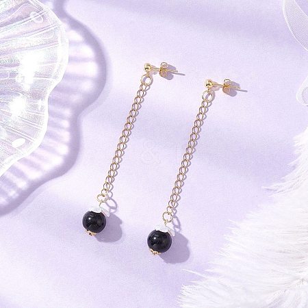 Glass Imitation Pearl Round Tassel Stud Earrings EJEW-JE06453-01-1