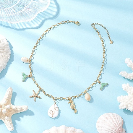 Alloy Enamel Whale Tail Starfish & Natural Shell Teardrop Pendant 304 Stainless Steel Cable Chain Necklaces for Women NJEW-JN05407-03-1