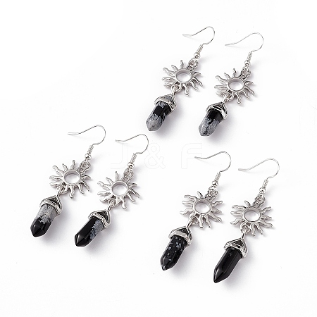 Natural Snowflake Obsidian Bullet with Sun Dangle Earrings EJEW-I276-01P-03-1