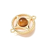 Natural Tiger Eye & Natural Shell Brass Flat Round Links Connector Charms KK-N289-16G-01-2